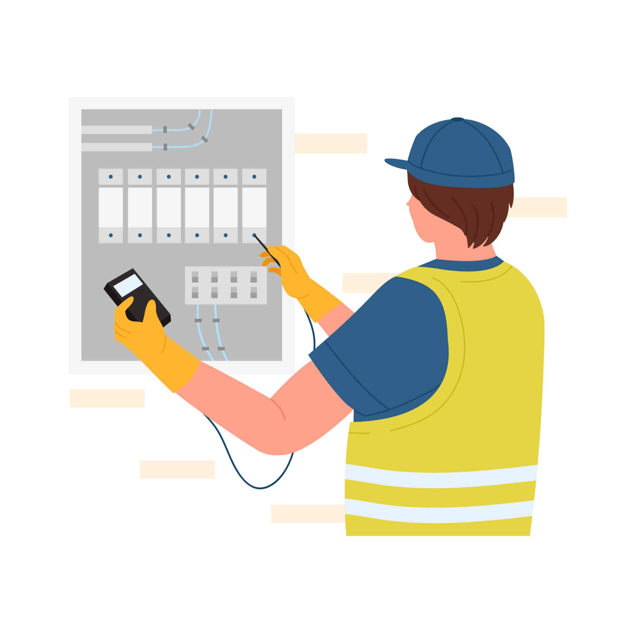 Electrician worker checking voltage, Fault current calculation.
