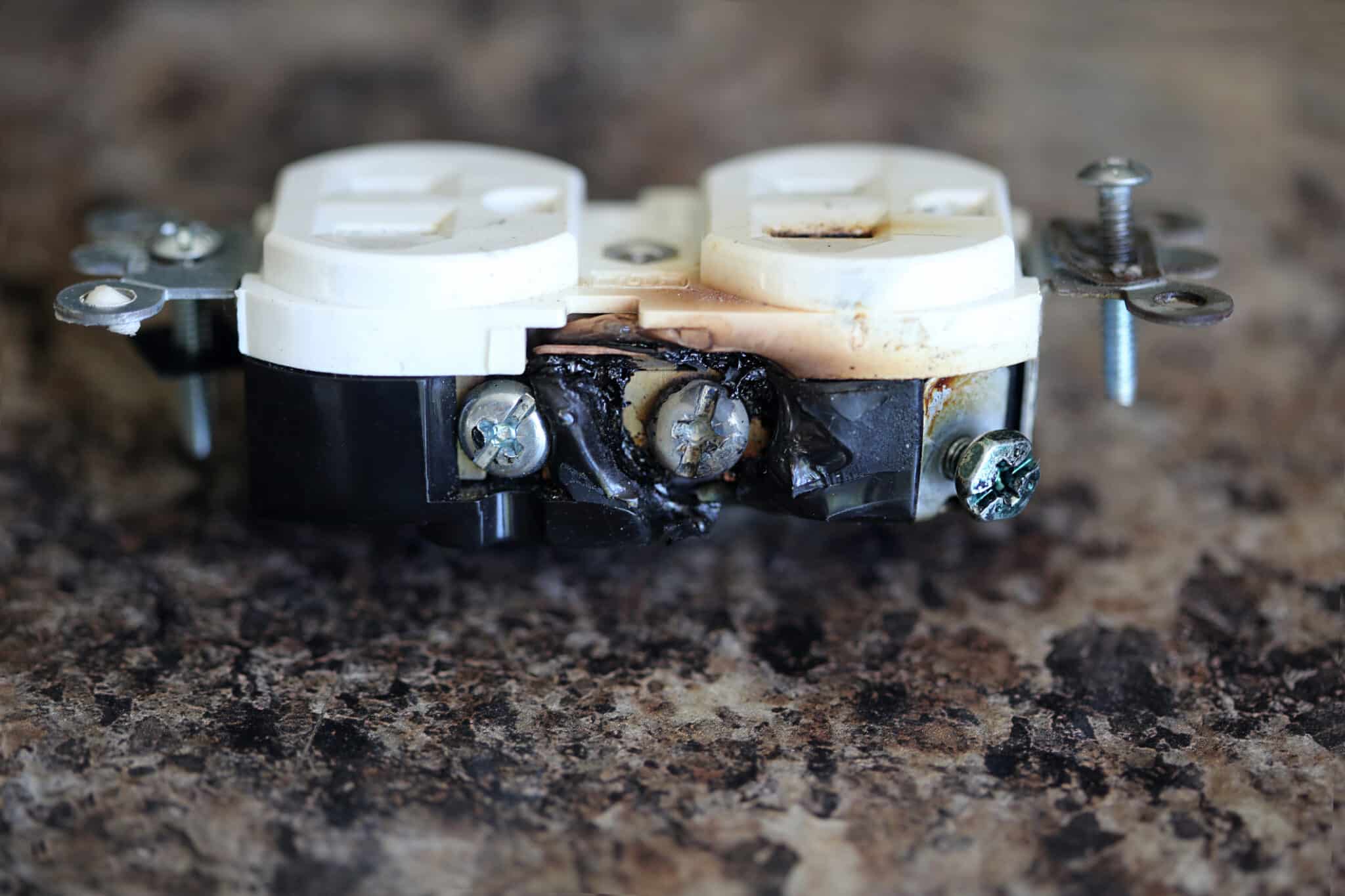 Burned electrical wall outlet with melted plastic, Outlet arc protection.
