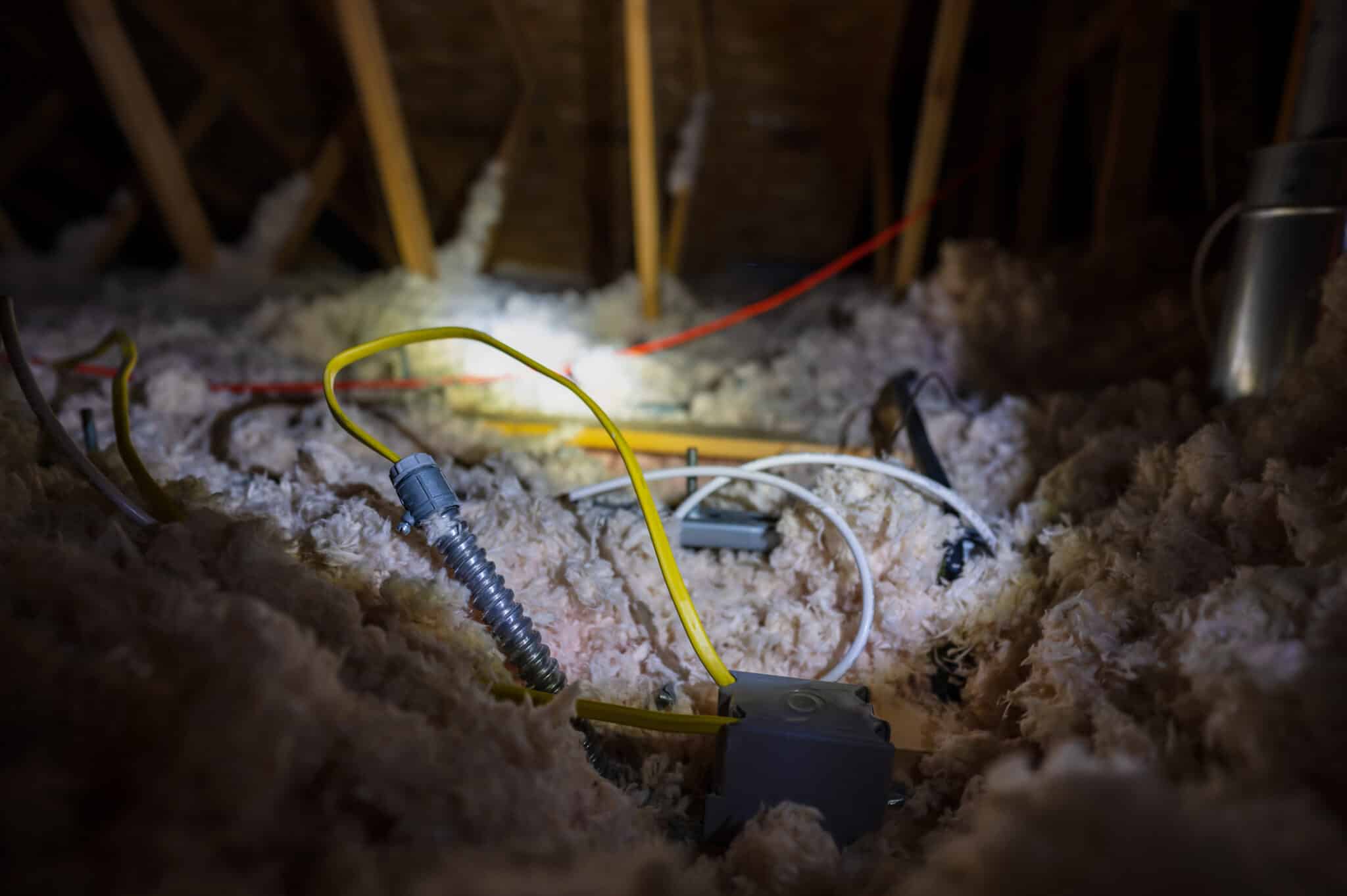 Electrical wire and conduit laying loose on blown insulation in a house attic, Attic junction box.